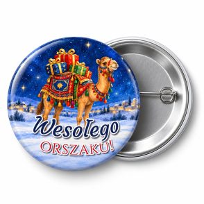 Przypinka Wesołego Orszaku: przypinka na Orszak Trzech Króli z napisem Wesołego orszaku! – przód i aluminiowy tył z agrafką