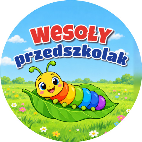 Wzór: Przypinka Wesoły Przedszkolak Gąsienica – grafika z napisem Wesoły przedszkolak