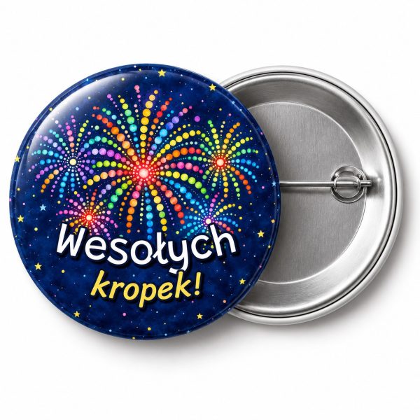 Przypinka Wesołych Kropek: przypinka na Dzień Kropki z napisem Wesołych kropek! – przód i aluminiowy tył z agrafką