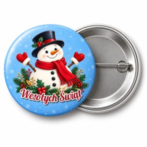 Przypinka Wesołych Świąt Bałwan: przypinka na Boże Narodzenie z napisem Wesołych Świąt – przód i aluminiowy tył z agrafką