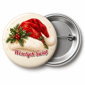 Przypinka Wesołych Świąt Czapka Mikołaja: przypinka na Boże Narodzenie z napisem Wesołych Świąt – przód i aluminiowy tył z agrafką