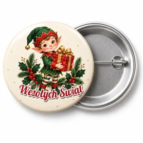 Przypinka Wesołych Świąt Elf: przypinka na Boże Narodzenie z napisem Wesołych Świąt – przód i aluminiowy tył z agrafką