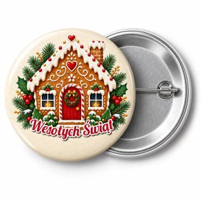 Przypinka Wesołych Świąt Piernikowa Chatka: przypinka na Boże Narodzenie z napisem Wesołych Świąt – przód i aluminiowy tył z agrafką