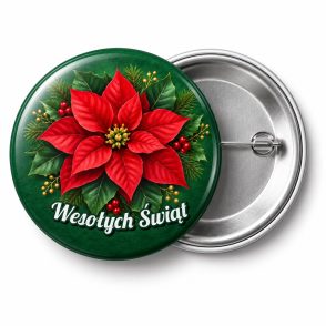 Przypinka Wesołych Świąt Poinsecja: przypinka na Boże Narodzenie z napisem Wesołych Świąt – przód i aluminiowy tył z agrafką