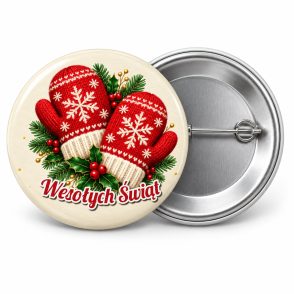 Przypinka Wesołych Świąt Rękawiczki: przypinka na Boże Narodzenie z napisem Wesołych Świąt – przód i aluminiowy tył z agrafką