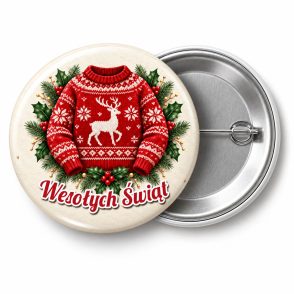 Przypinka Wesołych Świąt Świąteczny Sweter: przypinka na Boże Narodzenie z napisem Wesołych Świąt – przód i aluminiowy tył z agrafką