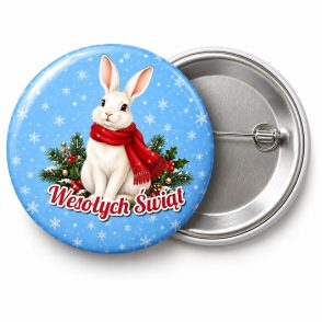 Przypinka Wesołych Świąt Zajączek: przypinka na Boże Narodzenie z napisem Wesołych Świąt – przód i aluminiowy tył z agrafką