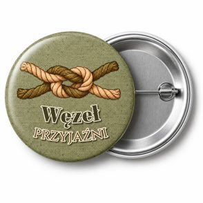 Przypinka Węzeł Przyjaźni: przypinka na Dzień Myśli Braterskiej z napisem Węzeł przyjaźni – przód i aluminiowy tył z agrafką