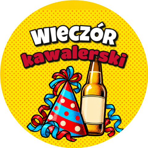 Wzór: Przypinka Wieczór Kawalerski Czapeczka i Piwo – grafika z napisem Wieczór kawalerski