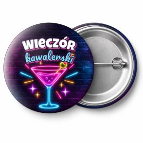 Przypinka Wieczór Kawalerski Neonowy Koktajl: przypinka na wieczór kawalerski z napisem Wieczór kawalerski – przód i aluminiowy tył z agrafką