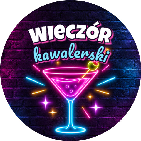 Wzór: Przypinka Wieczór Kawalerski Neonowy Koktajl – grafika z napisem Wieczór kawalerski
