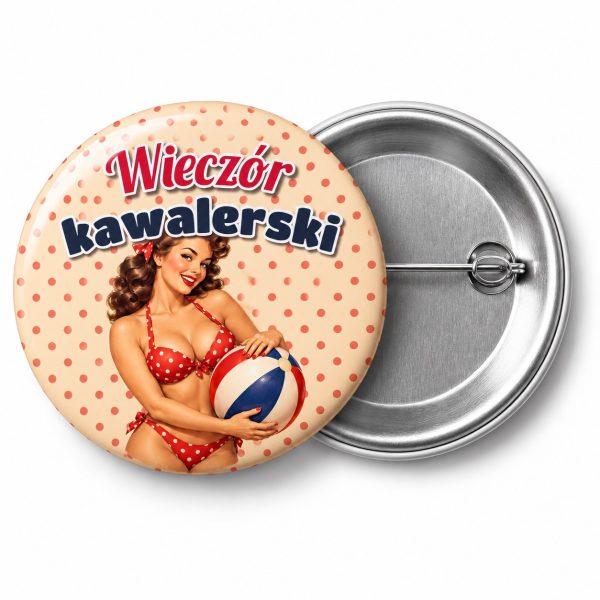 Przypinka Wieczór Kawalerski Pin-up z Piłką Plażową: przypinka na wieczór kawalerski z napisem Wieczór kawalerski – przód i aluminiowy tył z agrafką