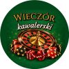 Wzór: Przypinka Wieczór Kawalerski Ruletka i Kości – grafika z napisem Wieczór kawalerski