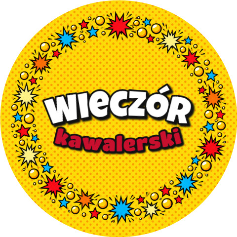 Wzór: Przypinka Wieczór Kawalerski Wieniec Komiksowych Wybuchów – grafika z napisem Wieczór kawalerski
