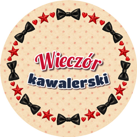 Wzór: Przypinka Wieczór Kawalerski Wieniec Muszek i Gwiazd – grafika z napisem Wieczór kawalerski