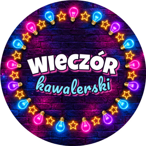 Wzór: Przypinka Wieczór Kawalerski Wieniec Neonowych Żarówek – grafika z napisem Wieczór kawalerski