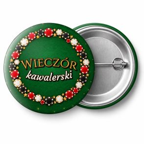 Przypinka Wieczór Kawalerski Wieniec Żetonów: przypinka na wieczór kawalerski z napisem Wieczór kawalerski – przód i aluminiowy tył z agrafką