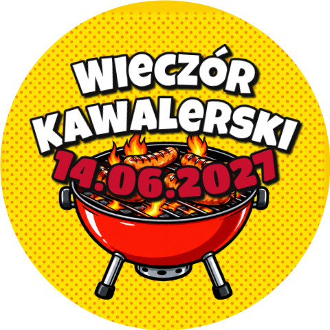Wzór: Przypinka Wieczór Kawalerski z Datą Grill i Kiełbaski – napis Wieczór Kawalerski i pole data