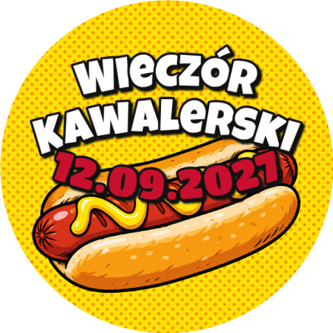 Wzór: Przypinka Wieczór Kawalerski z Datą Hot Dog – napis Wieczór Kawalerski i pole data