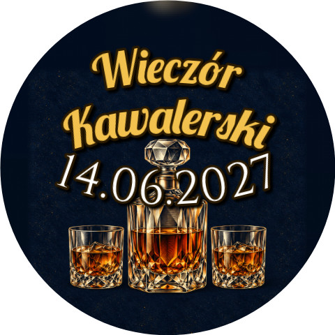 Wzór: Przypinka Wieczór Kawalerski z Datą Karafka i Szklanki – napis Wieczór Kawalerski i pole data