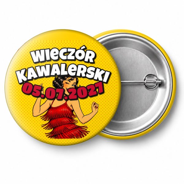Przypinka Wieczór Kawalerski z Datą Komiksowa Tancerka: przypinka na wieczór kawalerski z napisem Wieczór Kawalerski oraz polem data (np. 05.07.2027) – przód i aluminiowy tył z agrafką