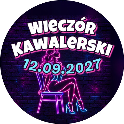 Wzór: Przypinka Wieczór Kawalerski z Datą Modelka na Krześle – napis Wieczór Kawalerski i pole data