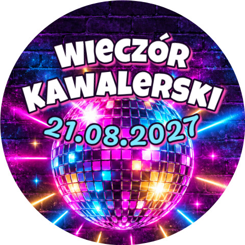 Wzór: Przypinka Wieczór Kawalerski z Datą Neonowa Kula Disco – napis Wieczór Kawalerski i pole data