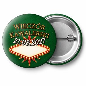 Przypinka Wieczór Kawalerski z Datą Szyld Vegas: przypinka na wieczór kawalerski z napisem Wieczór Kawalerski oraz polem data (np. 21.08.2027) – przód i aluminiowy tył z agrafką