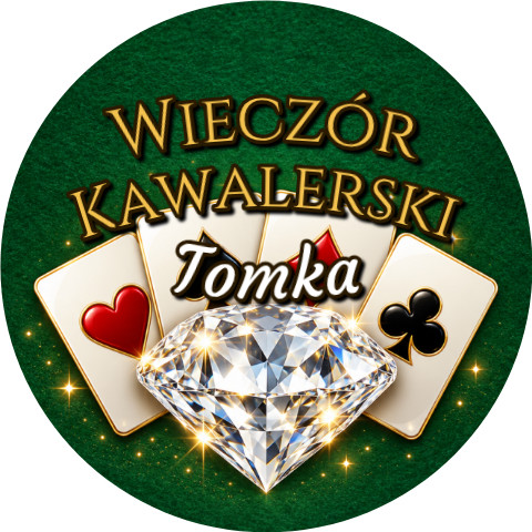 Wzór: Przypinka Wieczór Kawalerski z Imieniem Pana Młodego Diament na Kartach – napis Wieczór Kawalerski i pole imię pana młodego