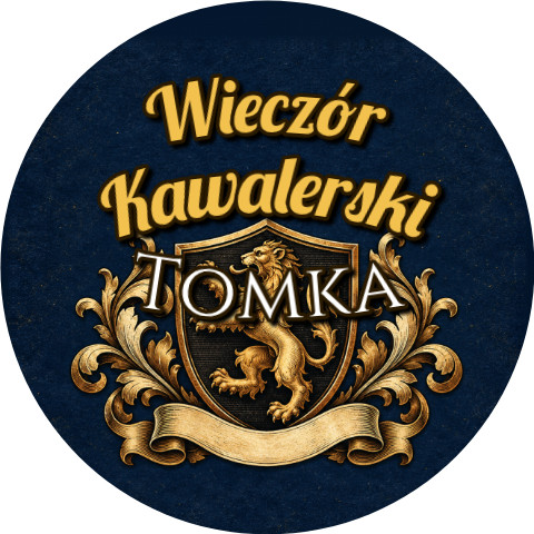 Wzór: Przypinka Wieczór Kawalerski z Imieniem Pana Młodego Herb z Lwem – napis Wieczór Kawalerski i pole imię pana młodego