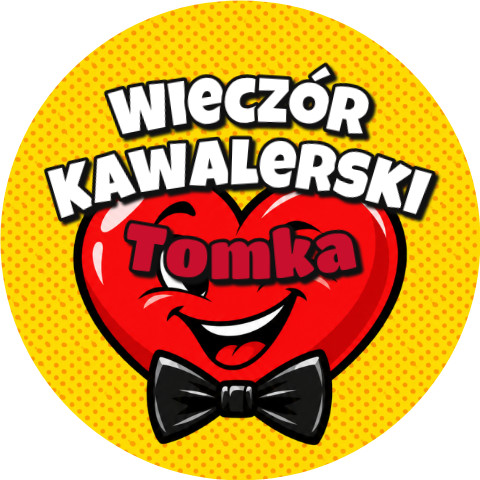Wzór: Przypinka Wieczór Kawalerski z Imieniem Pana Młodego Komiksowe Serce – napis Wieczór Kawalerski i pole imię pana młodego
