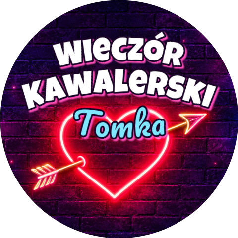 Wzór: Przypinka Wieczór Kawalerski z Imieniem Pana Młodego Neonowe Serce – napis Wieczór Kawalerski i pole imię pana młodego