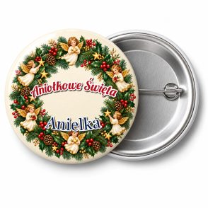 Przypinka Wieniec z Aniołków: przypinka na Boże Narodzenie z napisem Aniołkowe Święta oraz polem imię (np. Anielka) – przód i aluminiowy tył z agrafką