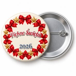 Przypinka Wieniec z Kokardek: przypinka na Boże Narodzenie z napisem Piękne Święta oraz polem rok (np. 2026) – przód i aluminiowy tył z agrafką