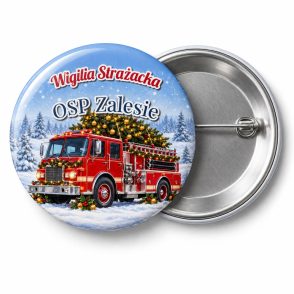 Przypinka Wigilia Strażacka: przypinka na Boże Narodzenie z napisem Wigilia Strażacka oraz polem jednostka (np. OSP Zalesie) – przód i aluminiowy tył z agrafką