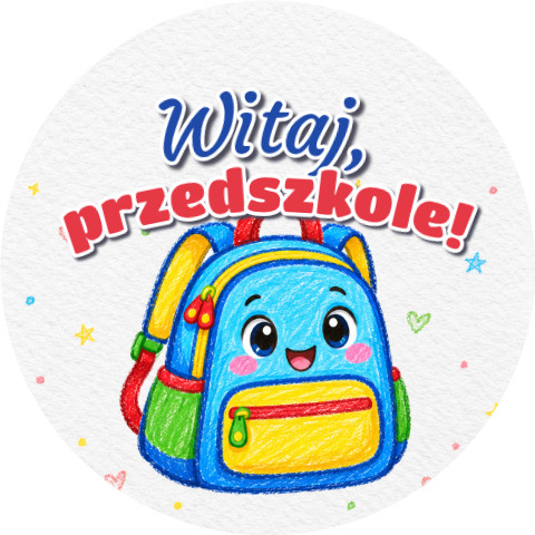 Wzór: Przypinka Witaj Przedszkole Kredkowy Plecaczek – grafika z napisem Witaj, przedszkole!