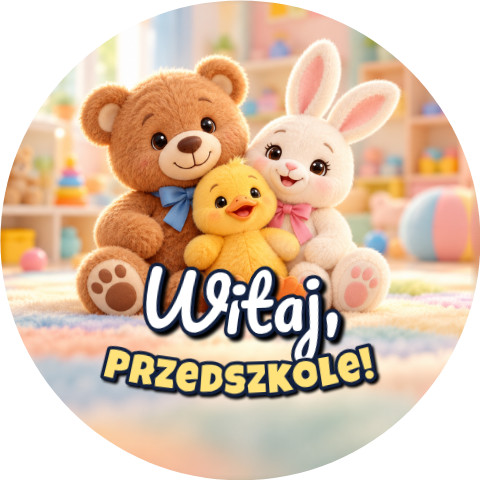 Wzór: Przypinka Witaj Przedszkole Pluszowi Przyjaciele – grafika z napisem Witaj, przedszkole!