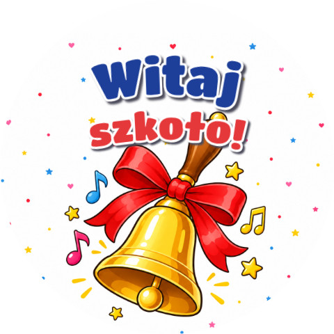 Wzór: Przypinka Witaj Szkoło Dzwonek Szkolny – grafika z napisem Witaj szkoło!