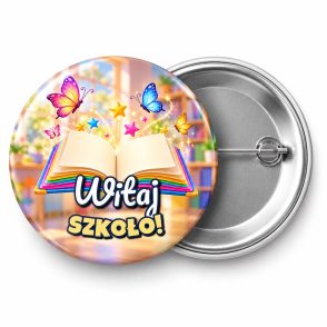 Przypinka Witaj Szkoło Elementarz: przypinka na pasowanie pierwszoklasisty z napisem Witaj szkoło! – przód i aluminiowy tył z agrafką