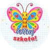 Wzór: Przypinka Witaj Szkoło Kredkowy Motyl – grafika z napisem Witaj szkoło!