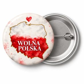 Przypinka Wolna Polska Mapa: przypinka na 11 Listopada z napisem WOLNA POLSKA – przód i aluminiowy tył z agrafką