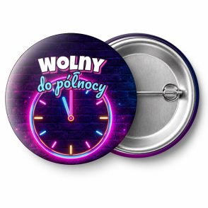 Przypinka Wolny do Północy Neonowy Zegar: przypinka na wieczór kawalerski z napisem Wolny do północy – przód i aluminiowy tył z agrafką