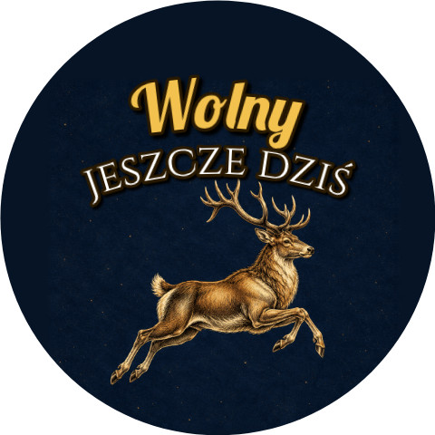 Wzór: Przypinka Wolny Jeszcze Dziś Skaczący Jeleń – grafika z napisem Wolny jeszcze dziś