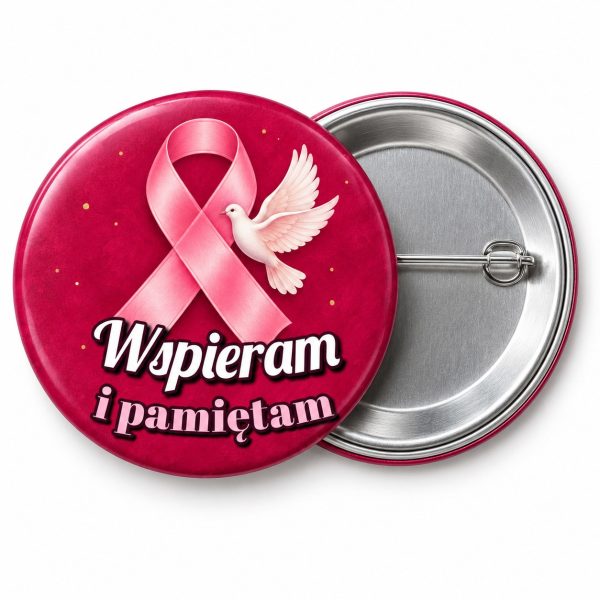 Przypinka Wspieram i Pamiętam: przypinka na Różowy Październik z napisem Wspieram i pamiętam – przód i aluminiowy tył z agrafką