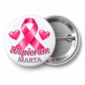 Przypinka Wspieram Imię Biała: przypinka na Różowy Październik z napisem Wspieram oraz polem imię (np. Marta) – przód i aluminiowy tył z agrafką