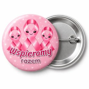 Przypinka Wspieramy Razem: przypinka na Różowy Październik z napisem Wspieramy razem – przód i aluminiowy tył z agrafką