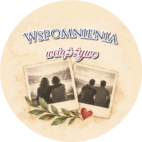 Wzór: Przypinka Wspomnienia Wciąż Żywe – grafika z napisem Wspomnienia wciąż żywe