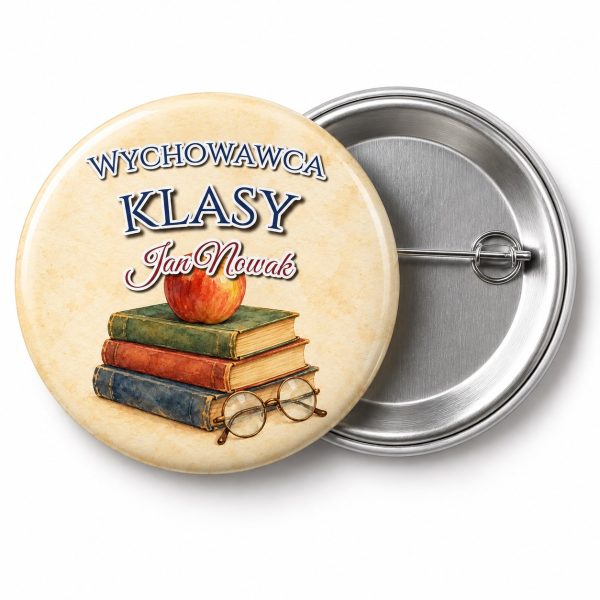 Przypinka Wychowawca Klasy: przypinka na spotkanie klasowe z napisem Wychowawca klasy oraz polem imię i nazwisko (np. Jan Nowak) – przód i aluminiowy tył z agrafką