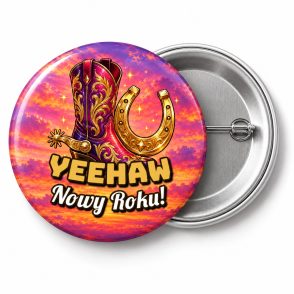 Przypinka Yeehaw Nowy Roku: przypinka na Sylwestra z napisem Yeehaw Nowy Roku! – przód i aluminiowy tył z agrafką