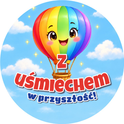 Wzór: Przypinka Z Uśmiechem w Przyszłość Tęczowy Balon – grafika z napisem Z uśmiechem w przyszłość!
